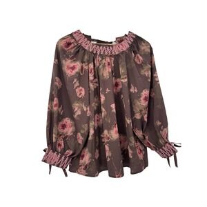 ENTRO Long Sleeve Floral Boho brown Blouse Forest Fairy Ric Rack cottagecore M